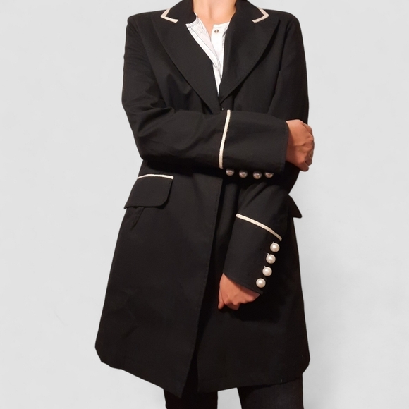 JANE POST Pearl Buttons Cotton Trench Black Belt White Pockets Coat Jacket L - Picture 1 of 11